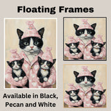 Mother Cat and Kittens in Pink Heart Outfits Tuxedo Cat Family Painting for Valentine's Day and Cat Lovers Home Decor on Ready to Hang 1.5" Thick Canvas Wrap, Floating Framed Canvas, Flat Rolled Canvas