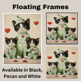 Mother Cat and Kittens in Pink Pajamas with Heart Hats and Floral Details Whimsical Black and White Tuxedo Cat Family on Ready to Hang 1.5" Thick Canvas Wrap, Floating Framed Canvas, Flat Rolled Canvas