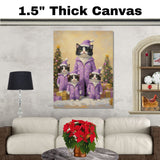 Tuxedo Cat Family in Pink Santa Outfits Surrounded by Christmas Gifts and Tree in a Whimsical Holiday Scene with Snowflakes and Festive Cheer