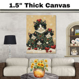 Mother Cat and Kittens in Colorful Rainbow Outfits with Party Hats and Hearts Whimsical Black and White Tuxedo Cat Family Celebration Portrait on Ready to Hang 1.5" Thick Canvas Wrap, Floating Framed Canvas, Flat Rolled Canvas