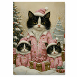 Tuxedo Cat Family in Pink Winter Pajamas and Santa Hats with Gifts and Trees in a Peaceful Snowy Christmas Scene Full of Whimsy and Warmth