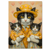 Mother Cat and Kittens in Charming Pink Outfits with Roses and Hearts Whimsical Black and White Tuxedo Cat Family Relaxing Portrait on Ready to Hang 1.5" Thick Canvas Wrap, Floating Framed Canvas, Flat Rolled Canvas