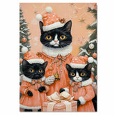 Tuxedo Cat Family in Orange Santa Outfits Holding Bells Surrounded by Holiday Trees and Gifts in a Cozy Christmas Scene with Warm Winter Tones