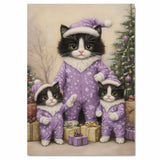 Tuxedo Cat Family in Lavender Pajamas and Santa Hats Surrounded by Christmas Gifts and Tree in a Calm Snowflake-Filled Holiday Scene