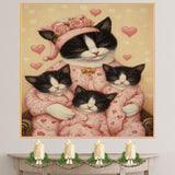 Texudo Cat Oil Painting of Mother Cat and Three Kittens in Matching Yellow Pajamas with Hearts on Blue Background on Ready to Hang 1.5" Thick Canvas Wrap, Floating Framed Canvas, Flat Rolled Canvas