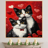 Mother Tuxedo Cat and Kittens in Heart Pajamas Romantic Black and White Cat Family Painting with Roses on Ready to Hang 1.5" Thick Canvas Wrap, Floating Framed Canvas, Flat Rolled Canvas