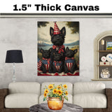 Mother Scottish Terrier with Three Puppies in Patriotic Outfits Wearing American Flag Hats and Red Star Bow Ties in Flower Field on Ready to Hang 1.5" Thick Canvas Wrap, Floating Framed Canvas, Flat Rolled Canvas