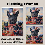 Mother Scottish Terrier and Three Puppies Wearing Patriotic Outfits by a Lake with Sailboat and American Flags on Ready to Hang 1.5" Thick Canvas Wrap, Floating Framed Canvas, Flat Rolled Canvas