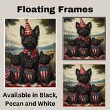 Mother Scottish Terrier with Three Puppies in Patriotic Outfits Wearing American Flag Hats and Red Star Bow Ties in Flower Field on Ready to Hang 1.5" Thick Canvas Wrap, Floating Framed Canvas, Flat Rolled Canvas