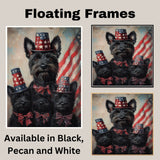 Mother Scottish Terrier and Three Puppies in Patriotic Star Hats with American Flag Backdrop in Festive Family Portrait on Ready to Hang 1.5" Thick Canvas Wrap, Floating Framed Canvas, Flat Rolled Canvas