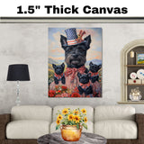 Mother Scottish Terrier and Three Puppies Wearing Patriotic Outfits by a Lake with Sailboat and American Flags on Ready to Hang 1.5" Thick Canvas Wrap, Floating Framed Canvas, Flat Rolled Canvas