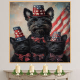 Mother Scottish Terrier and Three Puppies in Patriotic Star Hats with American Flag Backdrop in Festive Family Portrait on Ready to Hang 1.5" Thick Canvas Wrap, Floating Framed Canvas, Flat Rolled Canvas