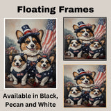 Mother Corgi and Her Two Puppies Dressed in American Flag Outfits with Patriotic Hats and a Rustic Flag Background on Ready to Hang 1.5" Thick Canvas Wrap, Floating Framed Canvas, Flat Rolled Canvas