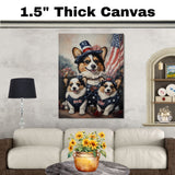 Mother Corgi and Her Two Puppies Dressed in American Flag Outfits with Patriotic Hats and a Rustic Flag Background on Ready to Hang 1.5" Thick Canvas Wrap, Floating Framed Canvas, Flat Rolled Canvas