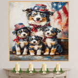Blue Merle Australian Shepherd Mother and Three Puppies in Patriotic Hats and Scarves with American Flag Background on Ready to Hang 1.5" Thick Canvas Wrap, Floating Framed Canvas, Flat Rolled Canvas