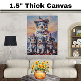 Blue Merle Australian Shepherd Mother and Three Puppies Wearing Patriotic Hats and Scarves at Sunset with Flag Background on Ready to Hang 1.5" Thick Canvas Wrap, Floating Framed Canvas, Flat Rolled Canvas