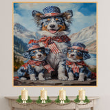 Blue Merle Australian Shepherd Mother and Two Puppies in Patriotic Outfits with Mountain Landscape and American Flag Theme on Ready to Hang 1.5" Thick Canvas Wrap, Floating Framed Canvas, Flat Rolled Canvas