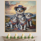 Blue Merle Australian Shepherd Mother and Three Puppies in Rustic Outfits with Patriotic Accents at Sunset Landscape on Ready to Hang 1.5" Thick Canvas Wrap, Floating Framed Canvas, Flat Rolled Canvas