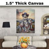 Blue Merle Australian Shepherd Mother and Three Puppies in Rustic Outfits with Patriotic Accents at Sunset Landscape on Ready to Hang 1.5" Thick Canvas Wrap, Floating Framed Canvas, Flat Rolled Canvas