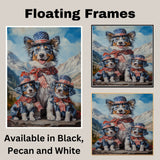 Blue Merle Australian Shepherd Mother and Two Puppies in Patriotic Outfits with Mountain Landscape and American Flag Theme on Ready to Hang 1.5" Thick Canvas Wrap, Floating Framed Canvas, Flat Rolled Canvas