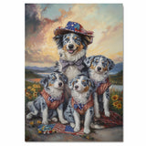 Blue Merle Australian Shepherd Mother and Three Puppies in Rustic Outfits with Patriotic Accents at Sunset Landscape on Ready to Hang 1.5" Thick Canvas Wrap, Floating Framed Canvas, Flat Rolled Canvas