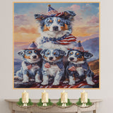 Blue Merle Australian Shepherd Mother and Three Puppies Wearing Patriotic Hats and Scarves at Sunset with Flag Background on Ready to Hang 1.5" Thick Canvas Wrap, Floating Framed Canvas, Flat Rolled Canvas