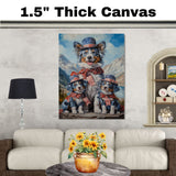 Blue Merle Australian Shepherd Mother and Two Puppies in Patriotic Outfits with Mountain Landscape and American Flag Theme on Ready to Hang 1.5" Thick Canvas Wrap, Floating Framed Canvas, Flat Rolled Canvas