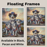 Blue Merle Australian Shepherd Mother and Three Puppies in Rustic Outfits with Patriotic Accents at Sunset Landscape on Ready to Hang 1.5" Thick Canvas Wrap, Floating Framed Canvas, Flat Rolled Canvas