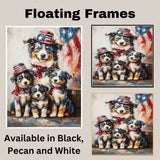 Blue Merle Australian Shepherd Mother and Three Puppies in Patriotic Hats and Scarves with American Flag Background on Ready to Hang 1.5" Thick Canvas Wrap, Floating Framed Canvas, Flat Rolled Canvas