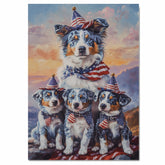 Blue Merle Australian Shepherd Mother and Three Puppies Wearing Patriotic Hats and Scarves at Sunset with Flag Background on Ready to Hang 1.5" Thick Canvas Wrap, Floating Framed Canvas, Flat Rolled Canvas