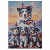 Blue Merle Australian Shepherd Mother and Three Puppies Wearing Patriotic Hats and Scarves at Sunset with Flag Background on Ready to Hang 1.5" Thick Canvas Wrap, Floating Framed Canvas, Flat Rolled Canvas