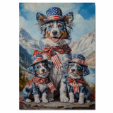 Blue Merle Australian Shepherd Mother and Two Puppies in Patriotic Outfits with Mountain Landscape and American Flag Theme on Ready to Hang 1.5" Thick Canvas Wrap, Floating Framed Canvas, Flat Rolled Canvas