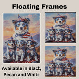 Blue Merle Australian Shepherd Mother and Three Puppies Wearing Patriotic Hats and Scarves at Sunset with Flag Background on Ready to Hang 1.5" Thick Canvas Wrap, Floating Framed Canvas, Flat Rolled Canvas