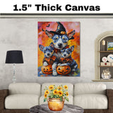 Halloween Blue Heeler Dog Family Canvas Wall Art with Pumpkins Rustic Fall Decoration for Dog Moms on Ready to Hang 1.5" Thick Canvas Wrap, Floating Framed Canvas, Flat Rolled Canvas