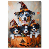 Australian Shepherd Dog Halloween Canvas Wall Art with Pumpkins and Witch Hats Rustic Fall Accent for Cozy Autumn Homes on Ready to Hang 1.5" Thick Canvas Wrap, Floating Framed Canvas, Flat Rolled Canvas