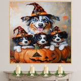Australian Shepherd Dog Halloween Canvas Wall Art with Pumpkins and Witch Hats Rustic Fall Accent for Cozy Autumn Homes on Ready to Hang 1.5" Thick Canvas Wrap, Floating Framed Canvas, Flat Rolled Canvas