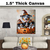Australian Shepherd Dog Halloween Canvas Wall Art with Pumpkins and Witch Hats Rustic Fall Accent for Cozy Autumn Homes on Ready to Hang 1.5" Thick Canvas Wrap, Floating Framed Canvas, Flat Rolled Canvas