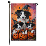 Border Collie Puppies Halloween Witch Hat Garden Flag for Pet Moms Holiday Outdoor Yard Flag Autumn Bats Decorations for Front Yard Home