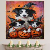 Border Collie Puppies Halloween Canvas Wall Art with Pumpkins and Witch Hats Rustic Fall Accent for Farmhouse Homes on Ready to Hang 1.5" Thick Canvas Wrap, Floating Framed Canvas, Flat Rolled Canvas