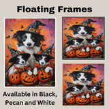 Border Collie Puppies Halloween Canvas Wall Art with Pumpkins and Witch Hats Rustic Fall Accent for Farmhouse Homes on Ready to Hang 1.5" Thick Canvas Wrap, Floating Framed Canvas, Flat Rolled Canvas