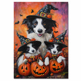 Border Collie Puppies Halloween Canvas Wall Art with Pumpkins and Witch Hats Rustic Fall Accent for Farmhouse Homes on Ready to Hang 1.5" Thick Canvas Wrap, Floating Framed Canvas, Flat Rolled Canvas