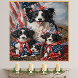 Border Collie Mother with Three Puppies in Patriotic Outfits and Hats Against Bold Red Starry Background on Ready to Hang 1.5" Thick Canvas Wrap, Floating Framed Canvas, Flat Rolled Canvas