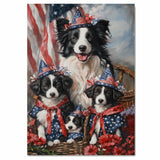 Border Collie Mother with Three Puppies in Patriotic Outfits and Hats Against Bold Red Starry Background on Ready to Hang 1.5" Thick Canvas Wrap, Floating Framed Canvas, Flat Rolled Canvas