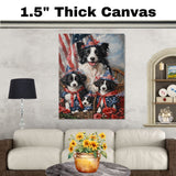 Border Collie Mother with Three Puppies in Patriotic Outfits and Hats Against Bold Red Starry Background on Ready to Hang 1.5" Thick Canvas Wrap, Floating Framed Canvas, Flat Rolled Canvas