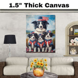 Border Collie Mother and Three Puppies in Patriotic Outfits Near Lake with American Flag Theme and Blue Sky Background on Ready to Hang 1.5" Thick Canvas Wrap, Floating Framed Canvas, Flat Rolled Canvas