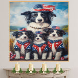 Border Collie Mother and Three Puppies in Patriotic Outfits Near Lake with American Flag Theme and Blue Sky Background on Ready to Hang 1.5" Thick Canvas Wrap, Floating Framed Canvas, Flat Rolled Canvas