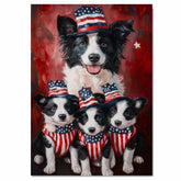 Border Collie Mother with Three Puppies in Patriotic Outfits and Hats in Front of American Flag and Red Flowers on Ready to Hang 1.5" Thick Canvas Wrap, Floating Framed Canvas, Flat Rolled Canvas