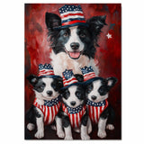 Border Collie Mother with Three Puppies in Patriotic Outfits and Hats in Front of American Flag and Red Flowers on Ready to Hang 1.5" Thick Canvas Wrap, Floating Framed Canvas, Flat Rolled Canvas