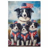 Border Collie Mother and Three Puppies in Patriotic Outfits Near Lake with American Flag Theme and Blue Sky Background on Ready to Hang 1.5" Thick Canvas Wrap, Floating Framed Canvas, Flat Rolled Canvas