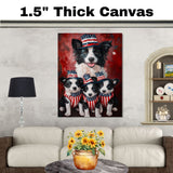 Border Collie Mother with Three Puppies in Patriotic Outfits and Hats in Front of American Flag and Red Flowers on Ready to Hang 1.5" Thick Canvas Wrap, Floating Framed Canvas, Flat Rolled Canvas